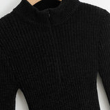 Sexy Black High Neck Half Zip Long Sleeve Cropped Rib Knit Top