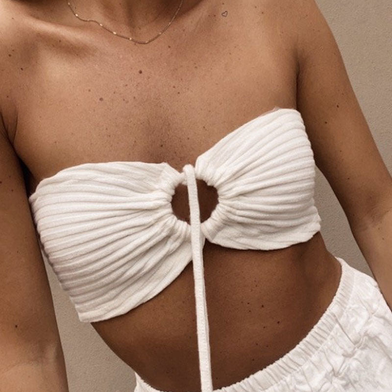 Sexy Ruched Halter Neck Tie Back Sleeveless Rib Knit Crop Top