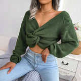 Sexy Twisted Front V Neck Rib Knit Pullover Cropped Sweater