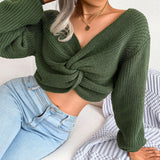 Sexy Twisted Front V Neck Rib Knit Pullover Cropped Sweater