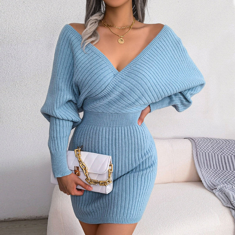 Sexy V Neck Long Sleeve Ribbed Knit Mini Pullover Sweater Dress