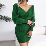 Sexy V Neck Long Sleeve Ribbed Knit Mini Pullover Sweater Dress