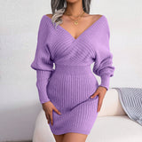 Sexy V Neck Long Sleeve Ribbed Knit Mini Pullover Sweater Dress