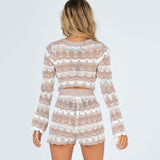 Sheer Crochet Pointelle Knit Striped Crop Top and Shorts Matching Set