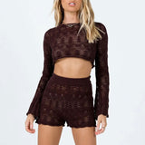 Sheer Crochet Pointelle Knit Bell Sleeve Crop Top and Shorts Matching Set