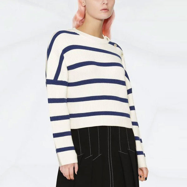 Silver Tone Buttoned Detail Crew Neck Blue and White Striped Sweater