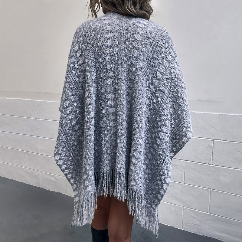 Soft Fringe Trim Textured Grey Wavy Striped Eyelash Knit Shawl Cardigan