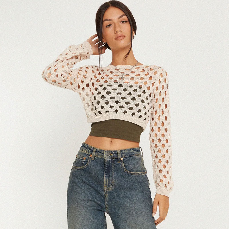 Street Style Distressed Detail Crew Neck Long Sleeve Open Knit Crop Top