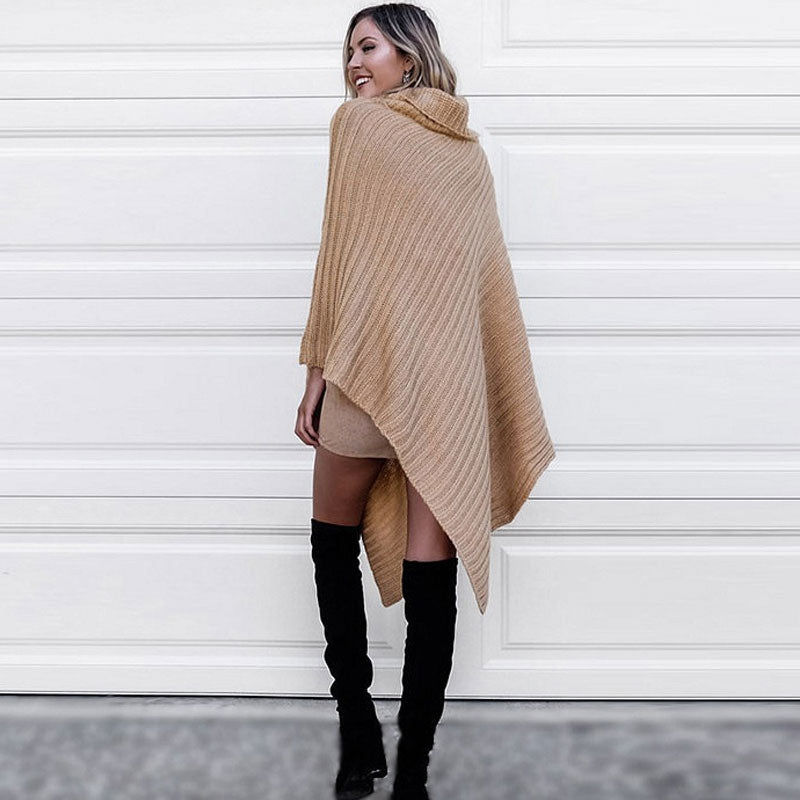 Stylish Diagonal Striped Cowl Neck Triangle Poncho Sweater