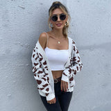 Stylish Khaki Leopard Print V Neck Drop Shoulder Button Up Cardigan