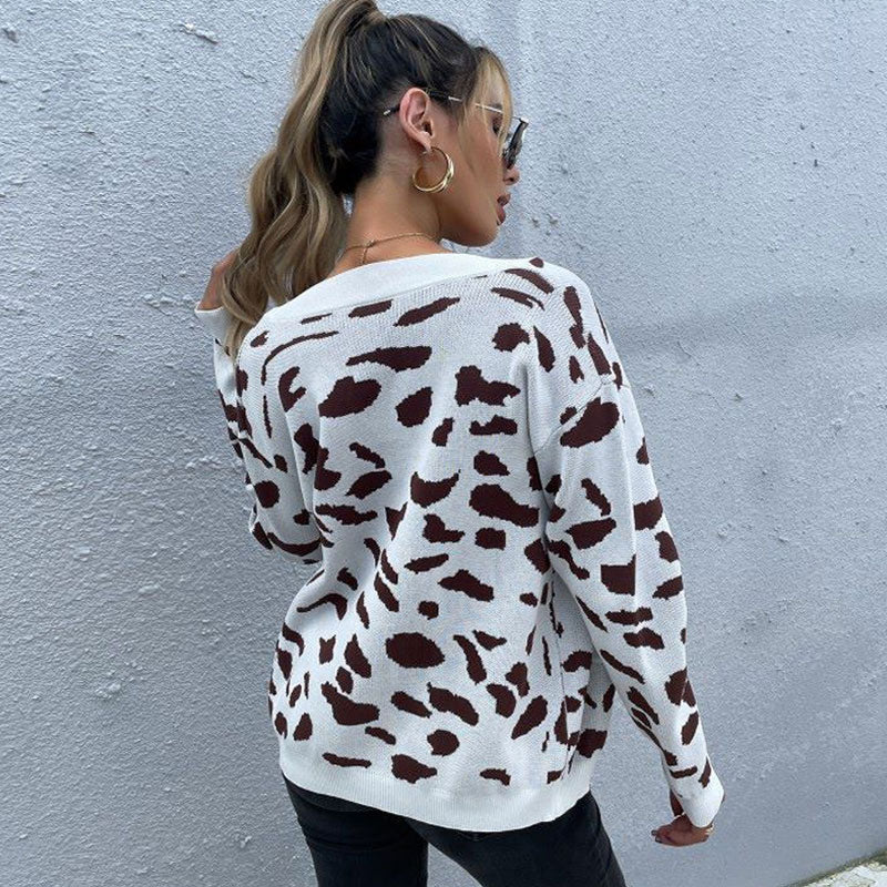Stylish Khaki Leopard Print V Neck Drop Shoulder Button Up Cardigan