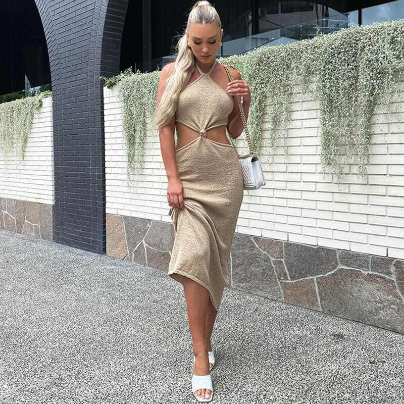 Stylish Twist Front Halter Tie Neck Cutout Bodycon Khaki Maxi Knit Dress