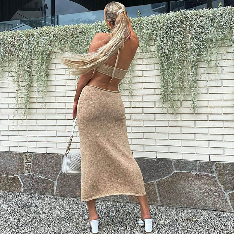 Stylish Twist Front Halter Tie Neck Cutout Bodycon Khaki Maxi Knit Dress