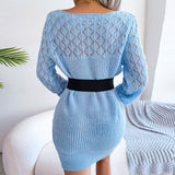 Sweet Boat Neck Long Sleeve Crochet Open Knit Mini Sweater Dress