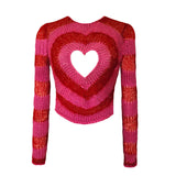 Sweet Red Heart Cutout Striped Print Crew Neck Long Sleeve Cropped Sweater