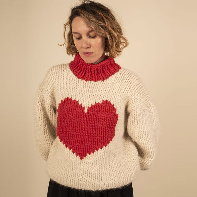 Sweet Heart Print Drop Shoulder Chunky Hand Knit Oversized Sweater