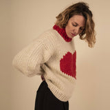 Sweet Heart Print Drop Shoulder Chunky Hand Knit Oversized Sweater