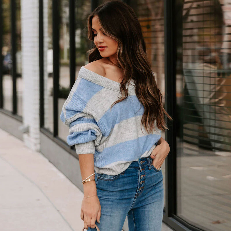 Sweet Oversized Striped V Neck Inside Out Pullover Knit Sweater