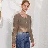 Sweet Square Neck Puff Sleeve Openwork Knit Button Up Cropped Cardigan