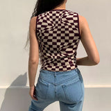 Swirl Checkered Print Crew Neck Sleeveless Fitted Knit Crop Top