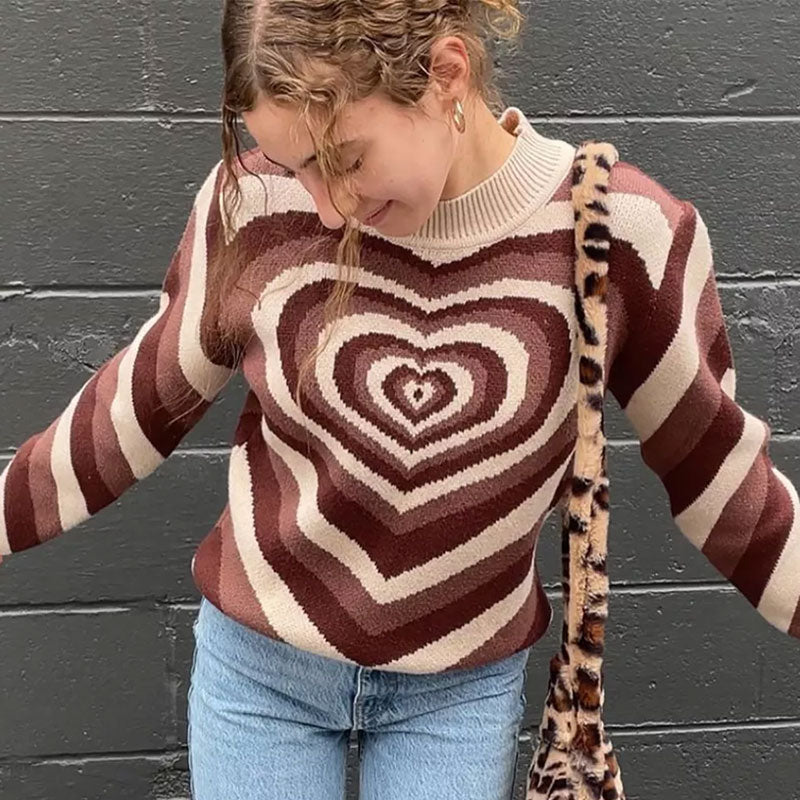 Swirl Heart Pattern High Neck Long Sleeve Pullover Sweater