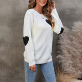 Trendy Contrast Fluffy Heart Round Neck Long Sleeve White Knit Sweater