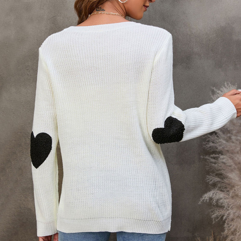 Trendy Contrast Fluffy Heart Round Neck Long Sleeve White Knit Sweater