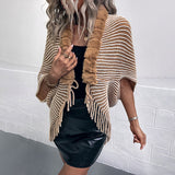 Trendy Khaki Contrast Striped Faux Fur Trim Textured Knit Cocoon Cardigan