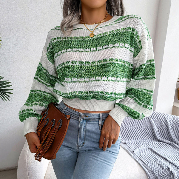 Trendy Crew Neck Balloon Sleeve Marled Knit Striped Sweater