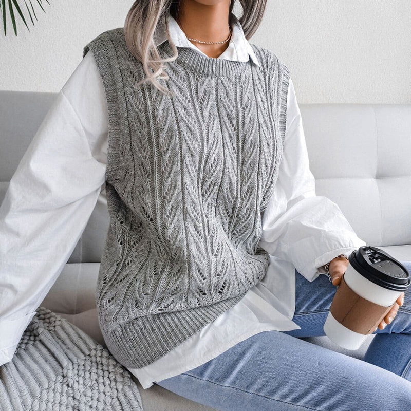 Trendy Crew Neck Textured Pointelle Cable Knit Pullover Sweater Vest