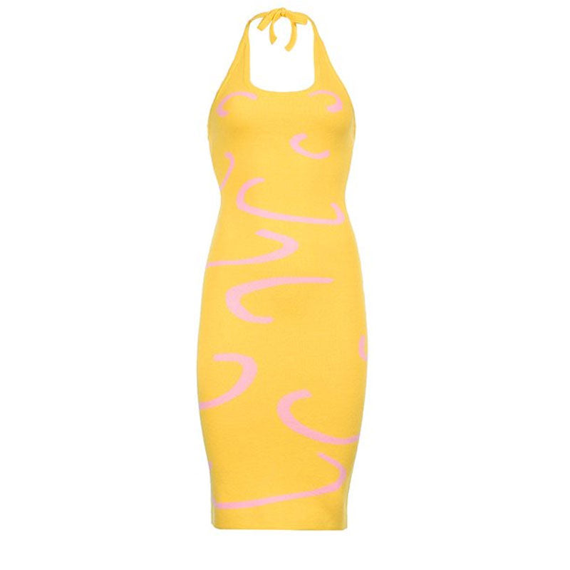Trendy Yellow Geometric Print Halter Neck Sleeveless Bodycon Midi Knit Dress