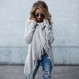 Trendy Tassel Trim Draped Collar Long Sleeve Knit Cardigan