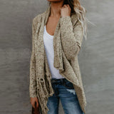 Trendy Tassel Trim Draped Collar Long Sleeve Knit Cardigan