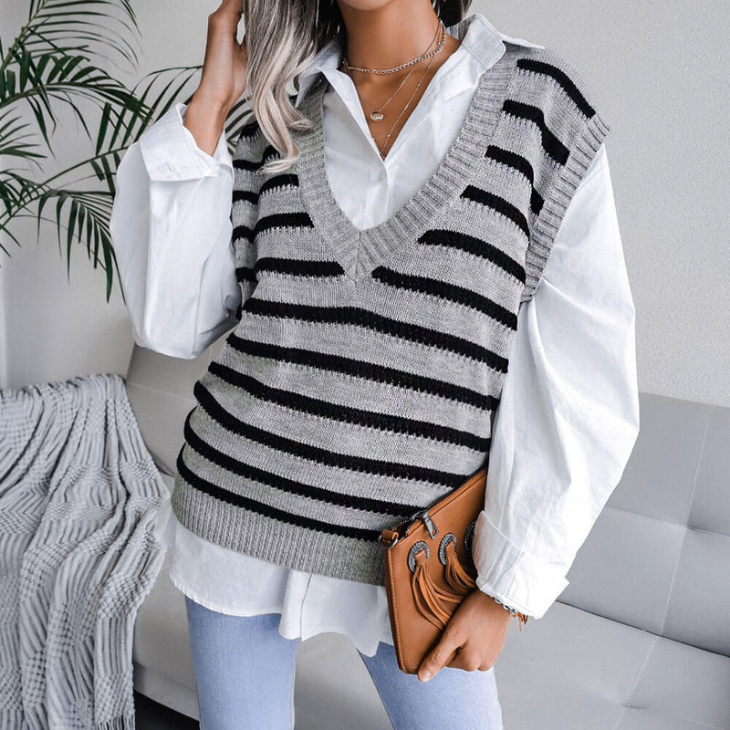 Trendy V Neck Contrast Striped Jacquard Knit Pullover Sweater Vest