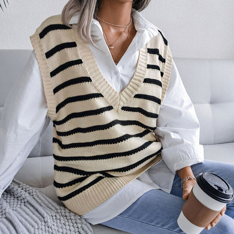 Trendy V Neck Contrast Striped Jacquard Knit Pullover Sweater Vest