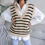 Trendy V Neck Contrast Striped Jacquard Knit Pullover Sweater Vest