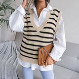 Trendy V Neck Contrast Striped Jacquard Knit Pullover Sweater Vest