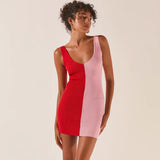 Two Tone V Neck Open Back Sleeveless Rib Knit Red Mini Bodycon Dress