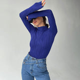Unique Klein Blue Lettuce Trim High Neck Long Sleeve Textured Knit Fitted Top