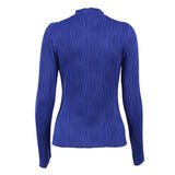 Unique Klein Blue Lettuce Trim High Neck Long Sleeve Textured Knit Fitted Top