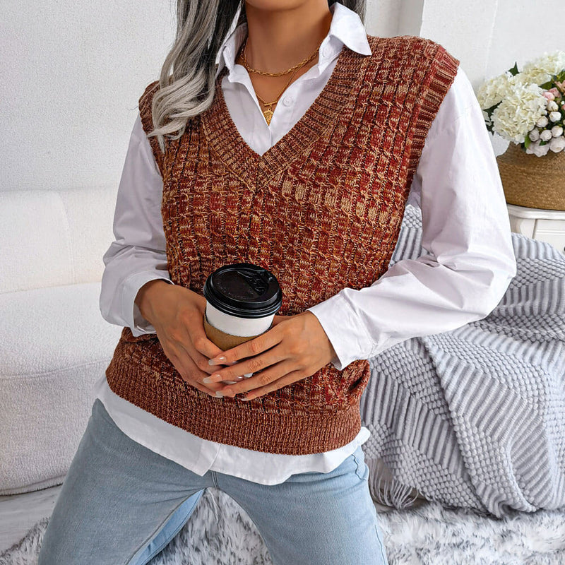 Unique V Neck Pullover Marled Cable Knit Sweater Vest