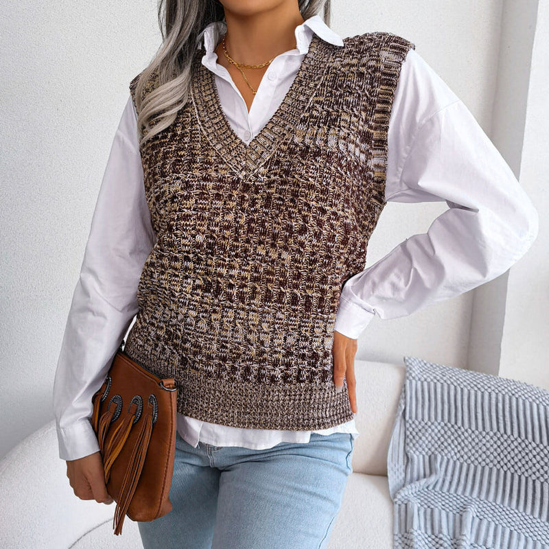 Unique V Neck Pullover Marled Cable Knit Sweater Vest