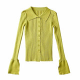 Vibrant Lime Green Button Up Bell Sleeve Rib Knit Fitted Collared Cardigan