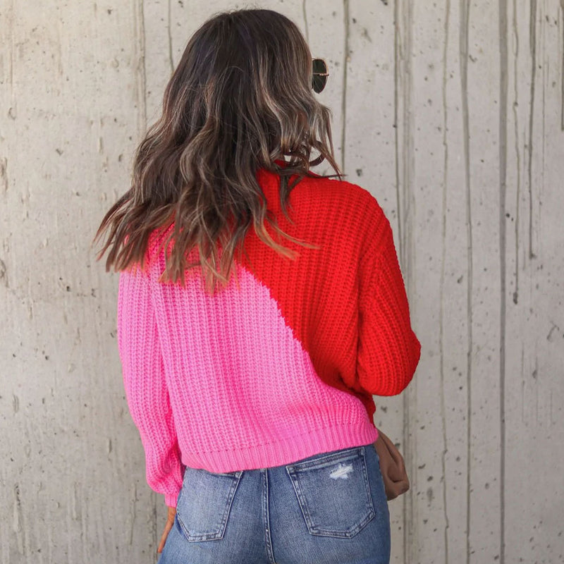 Vibrant Red Color Block Crew Neck Long Sleeve Pullover Knit Sweater