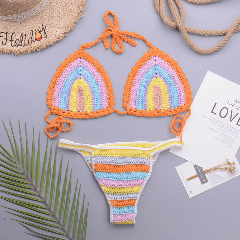 Vibrant Rainbow Crochet Knit High Leg Halter Triangle Bikini Set