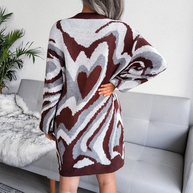 Vintage Crew Neck Pullover Long Sleeve Heart Sweater Mini Dress