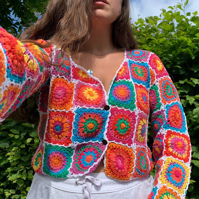 Vintage Cropped Button Up Multicolored Crochet Granny Square Cardigan