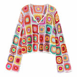 Vintage Cropped Button Up Multicolored Crochet Granny Square Cardigan