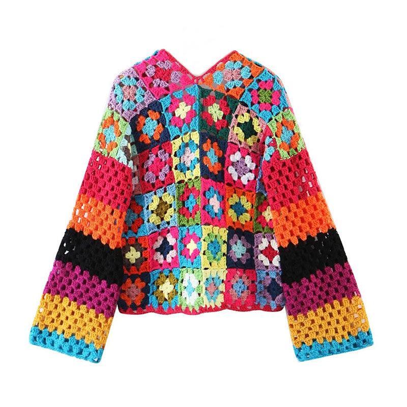 Vintage Cropped V Neck Button Up Multicolored Crochet Granny Square Cardigan