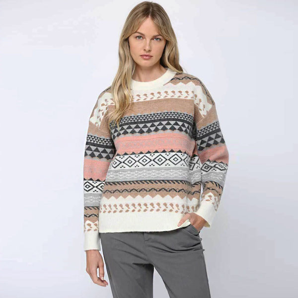 Vintage Fair Isle Multicolored Geometric Pattern Crew Neck Pullover Sweater